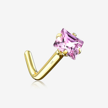 14 Karat Gold Prong Set Princess Cut Gem Top L-Shaped Nose Ring-Pink